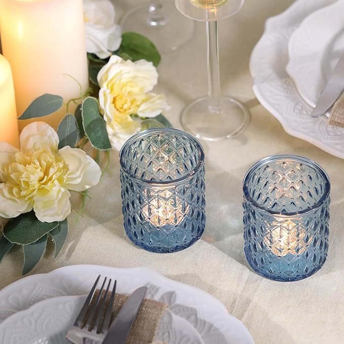 8Pcs Large Votive Candle Holders Blue Tea Light Candle Holders Glass Candle Holder for Wedding, Bridal Shower, Table Centerpiece, Party, Home Decor