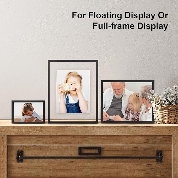 Egofine 4x6 Floating Frames Set of 2, Double Plexiglass Picture Frame, Made of Solid Wood Display Any Size Photo up to 4x6, Wall Mount or Tabletop Standing, Faded Black