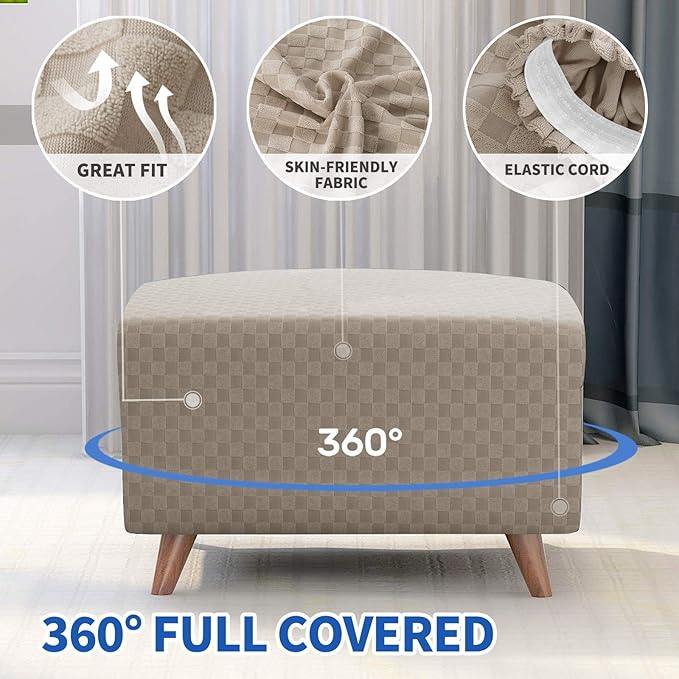 MAXIJIN Jacquard Ottoman Cover Slipcovers Folding Storage Stool Furniture Protector Cover Soft Thick Rectangle Foot Rest Slipcover with Elastic Bottom (Ottoman X-Large, Khaki)