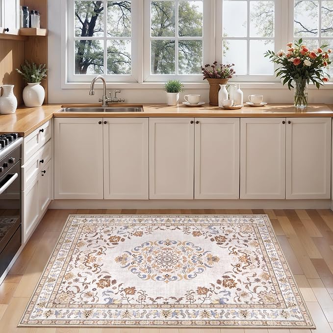 Tangsoo 2x3 Small Rug for Entryway, Washable Area Entry Rugs Non Slip, Persian Neutral Low Pile Soft Area Rugs, Indoor Front Door Boho Throw Rug for Entrance Kitchen Bedroom Bathroom Home Decor