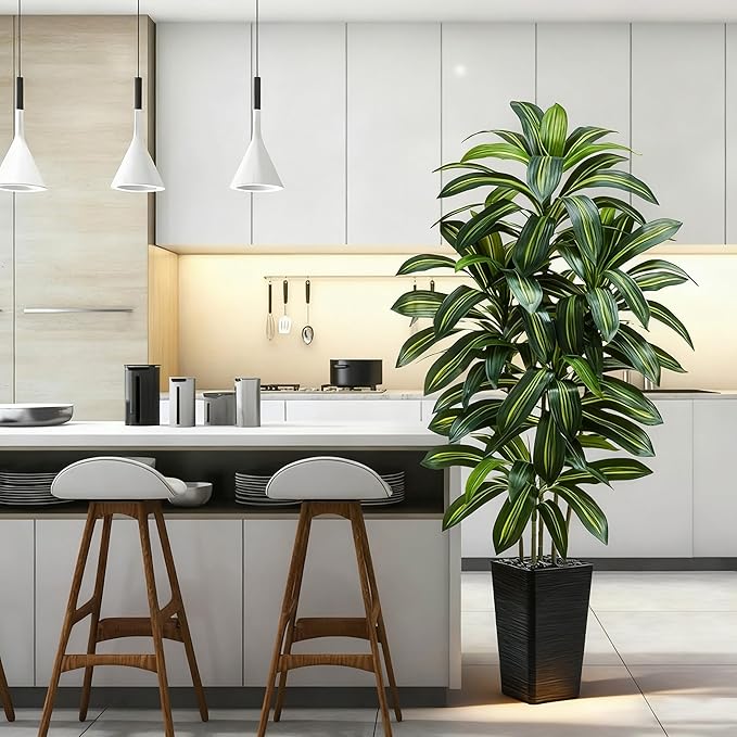 Artificial Dracaena Tree：6FT Faux Silk Tropical Yucca Floor Trees Realistic Fake Green Plant with Natural Wood Trunk & Lifelike Leaves for Home Office Decor Indoor & Outdoor (6FT,1-Pack,Black)