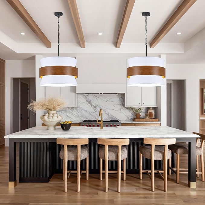 5 Lights White Drum Farmhouse Chandelier for Dining Room,19.68" Modern Large Drum Fabric Light fixture,Adjustable Rustic Metal Imitation Wood Round Pendant Light for Living Room Kitchen Island Bedroom