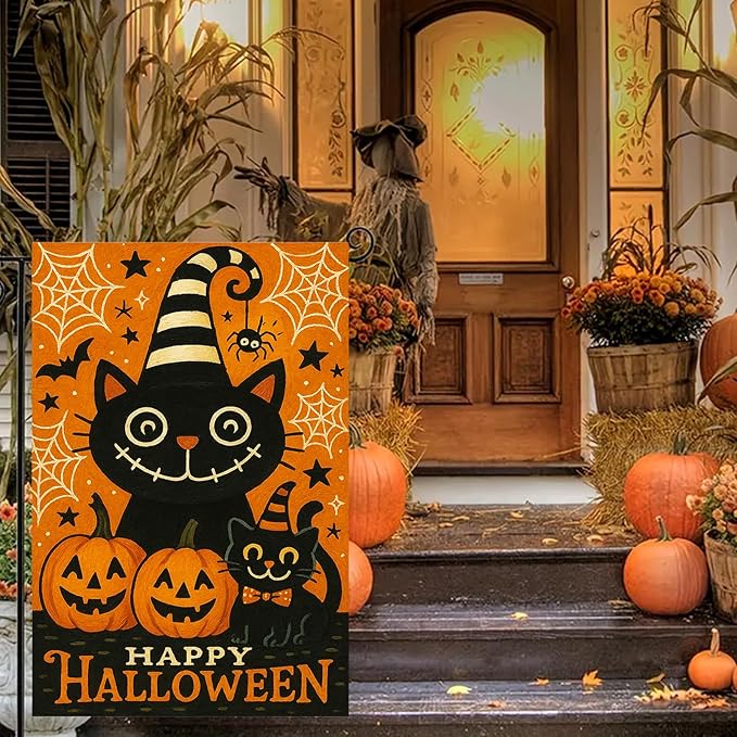 Halloween Garden Flag Black Cat Pumpkin Double Sided 12x18 Inch Trick Or Treat Fall Outdoor Flag Spooky Ghost Spider Web Sign for Lawn Yard Porch Party Seasonal Holiday Halloween Decoration