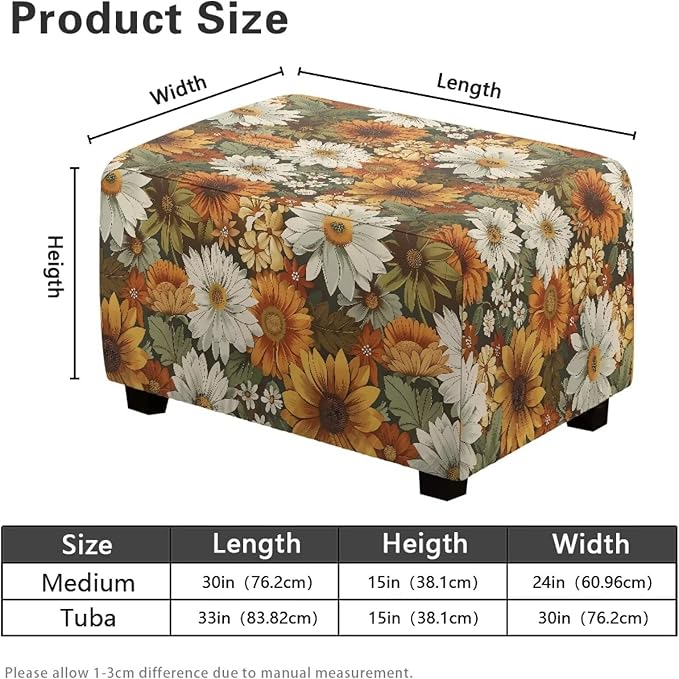 Sunflower Fall Ottoman Cover - Ultra Stretchy Machine Washable Slipcover for Rectangular Footstools, Cozy Thanksgiving Home Decor, 30x24x15 Inch for Friends