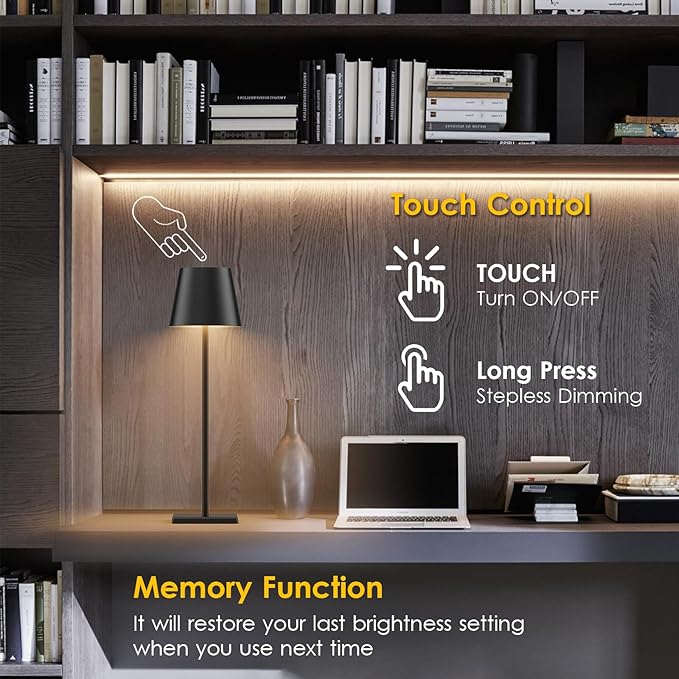 4-Pack LED Rechargeable Table Lamp, Battery Desk lamp 3W 6000mAh Battery Operated Stepless Dimming Modern Portable Table Light for Restaurant/Dinner/Bedroom/Outdoor IP54 Waterproof (Black)
