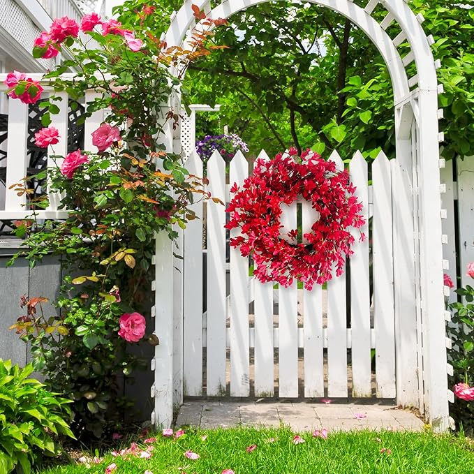 Spring Wreath for Front Door, 24 Inch Spring Red Forsythia Wreath Blossom Cluster Flower Farmhouse Wreath on Grapevine for Festival Celebration Front Door Wall Window Decoration Home Decor