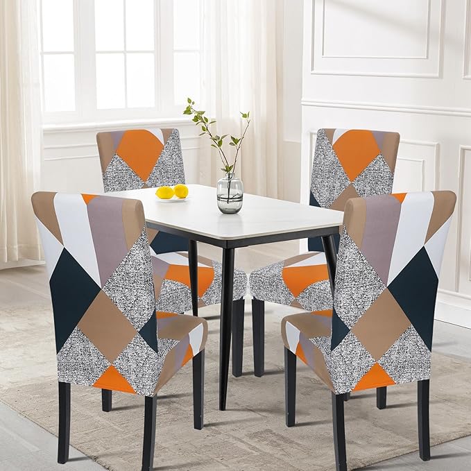 SearchI 6 Pack Super Fit Stretch Removable Washable Short Dining Chair Covers Slipcover Protector, Spandex Fabric Chair Cover for Dining Room, Hotel, Ceremony (Geometric1, 6 per Set)