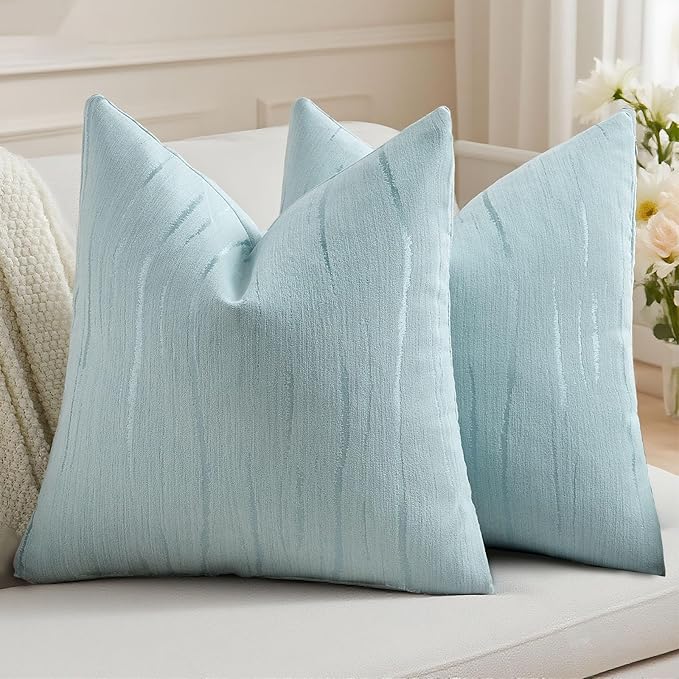 HAUSSY Light Blue Throw Pillow Covers 26x26 Inch Set of 2, Boho Embossed Striped Textured Decorative Pillowcases Soft Chenille Cushion Cases, Modern Home Decor for Couch Bed Living Room