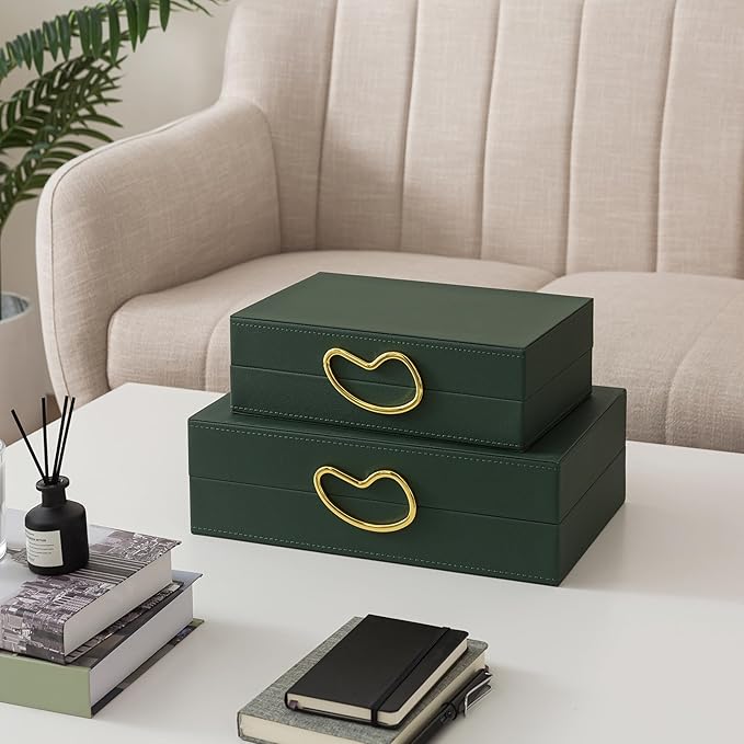 Soul & Lane Faux Leather Decorative Boxes with Lids for Home Decor, Set of 2 Stacking Hinged Boxes for Coffee Table and Living Room Shelves, Nesting Remote Control Holder, Forest Green