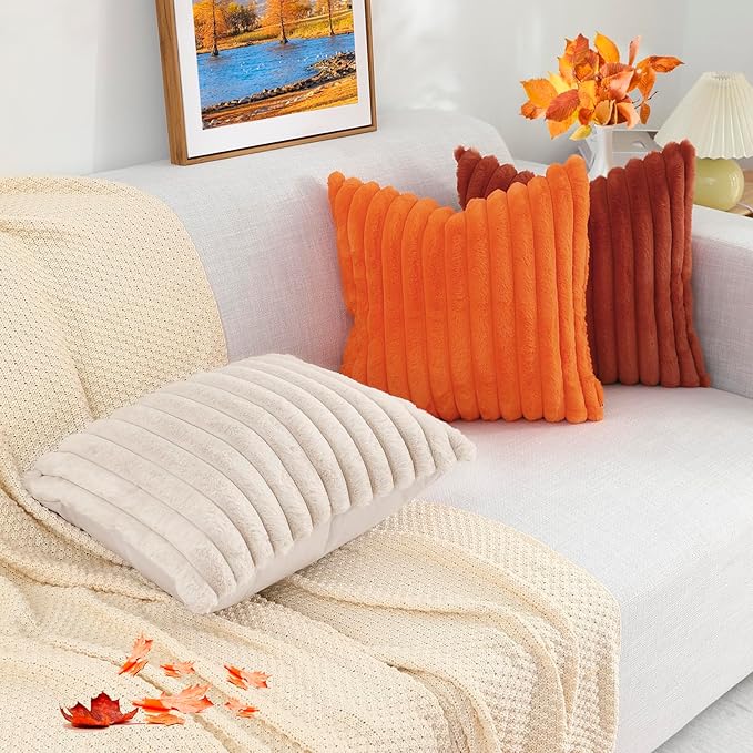 decorUhome Faux Fur Thanksgiving Day Throw Pillow Covers 20x20 Set of 2, Decorative Soft Plush Striped Neutral Couch Euro Pillow Covers with Velvet Back for Sofa, Bed, Living Room Home Decor, Rust