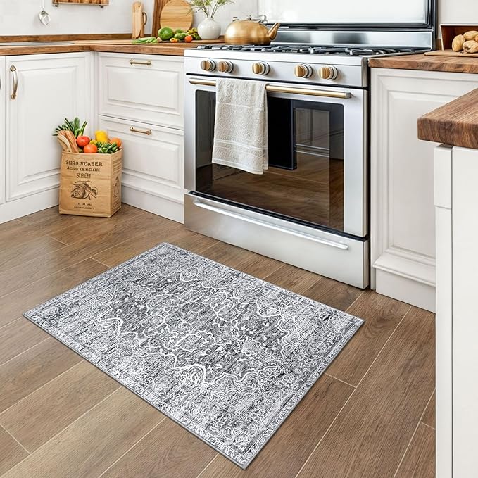 KUTA Vintage Rugs for Entryway Indoor Non-Slip Grey Blue White Washable Rug 2x3 Vintage Floral Soft Printed Doormat Small Accent Farmhouse Kitchen Throw Carpet for Entrance and Bedroom