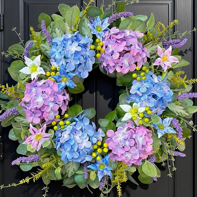24 Inch Spring Wreath for Front Door - Blue & Purple Hydrangea Spring Door Wreath, Monet-Inspired Floral Decor with Hydrangea and Clematis for French Country, Spring and Summer, Indoor Outdoor