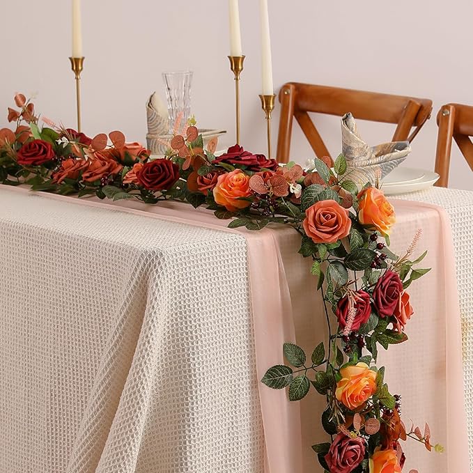 2Pcs Garisey 5FT Terracotta Artificial Flower Garland Fall Floral Garland Burnt Orange Arch Rose Vine for Wedding Ceremony Party Backdrop Decor Arch Flowers Mantel Table Centerpieces Decorations