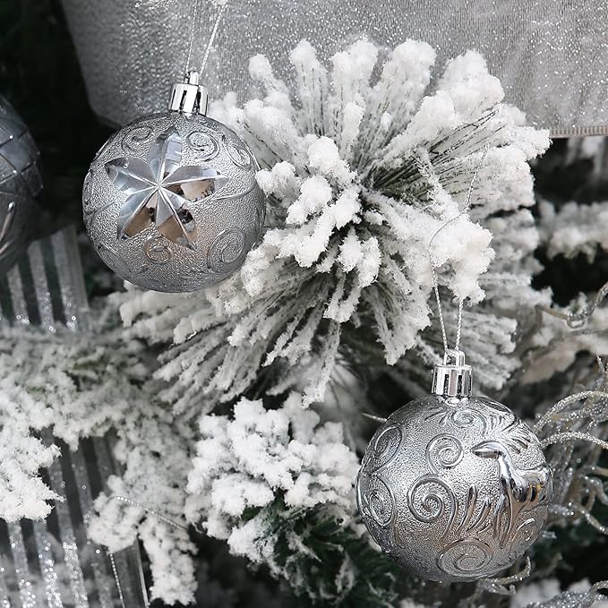 34ct Grey Christmas Ball Ornaments Shatterproof Plastic Christmas Tree Decorations for Xmas Party Home Office Holiday Decor -Medium Size (2.36"/ 60mm)