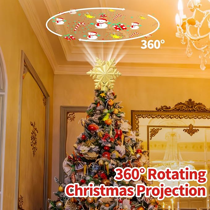 [6 Patterns] 9.05 inch Christmas Tree Topper Projector Snowflake with 6 Patterns Gold Snowflake Projector Tree Topper Plug in for Indoor Office Xmas New Year Holiday (Gold,3m Cable)