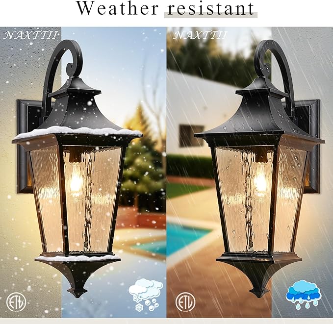 Black Outdoor Wall Light Fixtures 29.3 Inch Large Aluminum Outside Wall Lantern with Water Ripple Glass Waterproof Wall Sconce Porch Lights for Patio Doorway E26 Socket