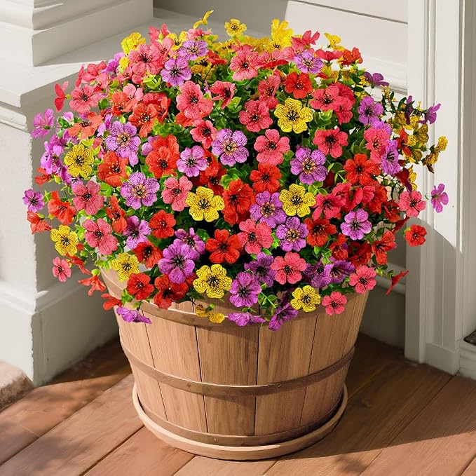 Artificial Fake Flowers Plants for Outdoors Spring Decor, 12 Bundles Colorful Faux Silk Flowers Daisy Eucalyptus Plants UV Resisitant for Outside Planter Pots Front Porch Garden Patio