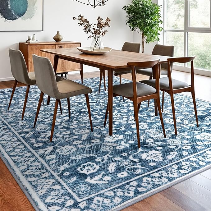 Vintage 8x10 Area Rugs, Blue and White Washable Living Room Rug Non-Slip Thin Large Area Rug Printed Faux Wool Floor Super Soft Carpet Throw Rugs for Bedroom Dining Room Playroom Office