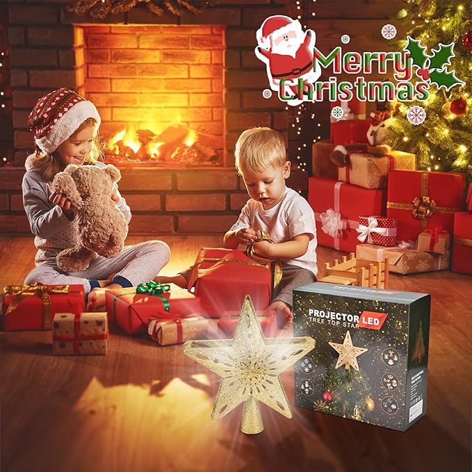 Christmas Tree Topper Lighted with 6 Projection Modes,Christmas Star Tree Topper Built-in LED Rotating Projector Lights 3D Sparkling Christmas Tree Decorations for Xmas Party Holiday Decor(Golden)