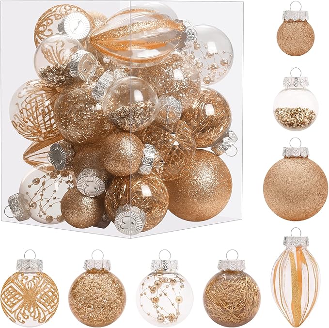 Christmas Ornaments Set, 32Pcs Clear Plastic Shatterproof Christmas Ball Hanging Ornaments for Xmas Tree Decorations, for Indoor Home Thanksgiving Party Holiday Decor - Champagne.