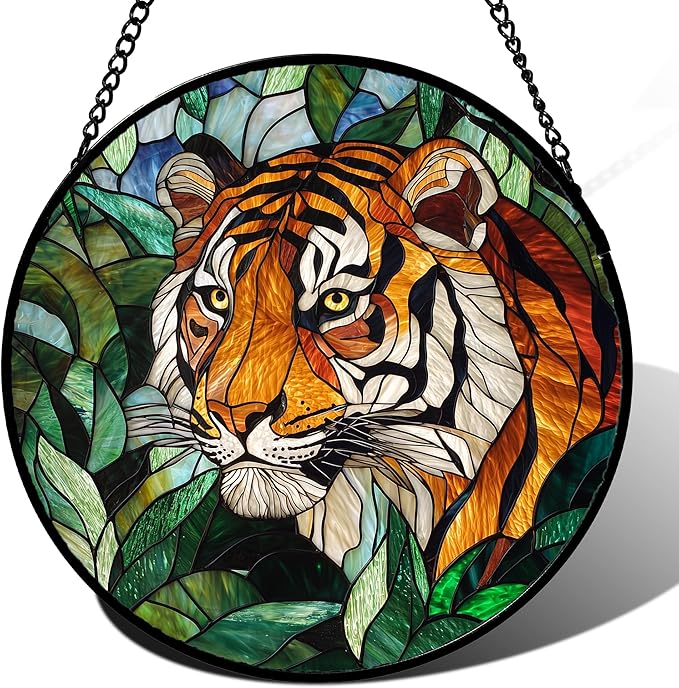 Stained Glass Window Hanging, Fierce Tiger Sun Catcher for Door Home Decor Wild Animals Suncatcher Christmas Mother's Day Birthday Gifts for Women Men Mom and Nana 7.8 in