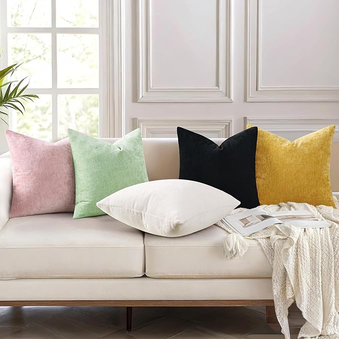 decorUhome Chenille Black Christmas Throw Pillow Covers 18x18 Inch Set of 2, Decorative Soft Couch Pillow Covers Solid Dyed Accent Farmhouse Neutral Square Pillow Cases for Sofa
