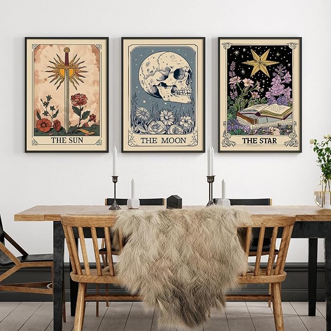 Pouydmi Tarot Card Wall Art Sun Moon Canvas Wall Decor Mystical Astrology Wall Art Boho Celestial Prints Star Skull Poster Tarot Card Picture for Living Room Bedroom 12x16x3 Inch Unframed