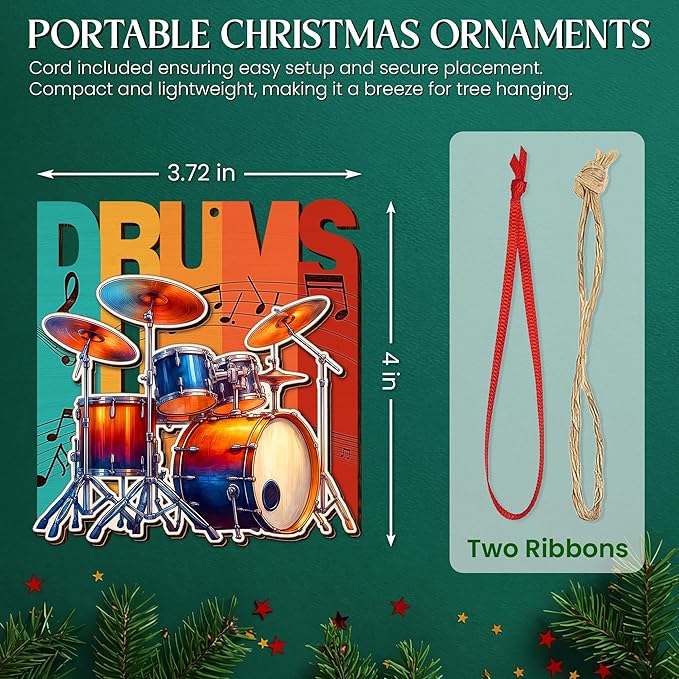 GEEMBI Drum Ornaments for Christmas Tree - Wooden Drum Christmas Ornaments 2025 for Tree Decorations - Music Teacher Drummer Gifts for Musicians Friends, Music Ornaments, Stocking Stuffers Ornament