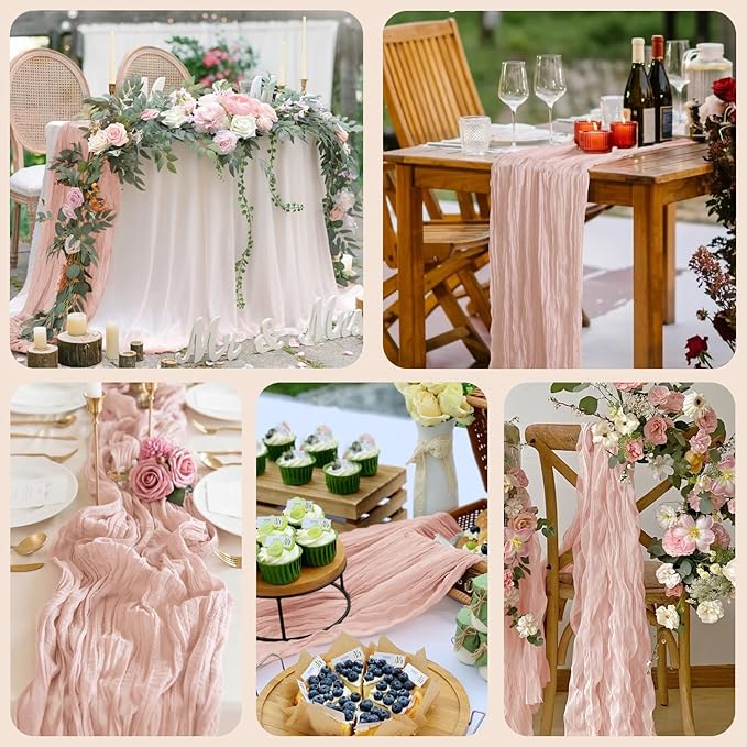 6PCS Table Runner Cheesecloth 10FT Dusty Pink Boho Gauze Cheese Cloth Rustic Sheer Table Runners for Wedding Bridal Baby Shower Party Decoration