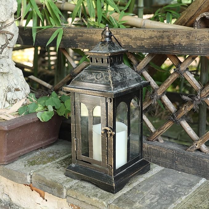 DECORKEY Candle Lantern Decorative Indoor & Outdoor, Christmas Vintage Metal Hanging Lanterns Decor for Front Porch Home Patio Wedding Party, Halloween Decorations (Black with Copper Brush)