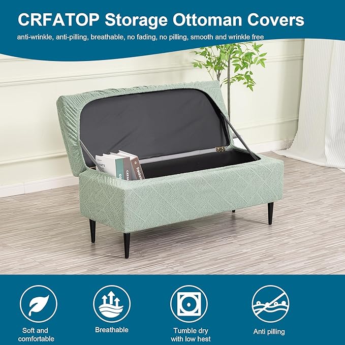 CRFATOP Jacquard Rectangle Ottoman Stool Cover Stretch Folding Storage Footstool Bench Slipcovers Upholstered Foot Chest Chair Covers Washable Entryway Furniture Protector with Elastic Bands,M,Green