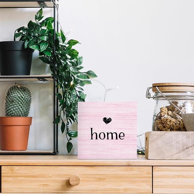 Home Sign, Home Signs for House Decor, Welcome Sign, Rustic Farmhouse Desk Decor Wood Block Box Plaque for Living Room Wall Shelf, Housewarming Gifts (Pink)