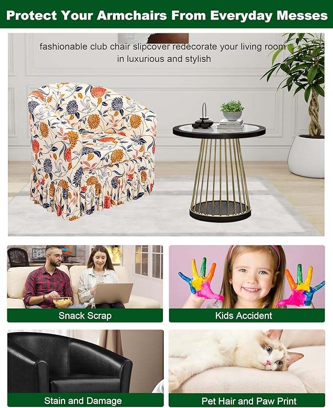 CRFATOP 2 Piece Club Chair Slipcover with Skirt Printed Tub Armchair Covers with Seat Cushion Cover Soft Printed Round Barrel Furniture Protector for Bar Counter Living Room,C16