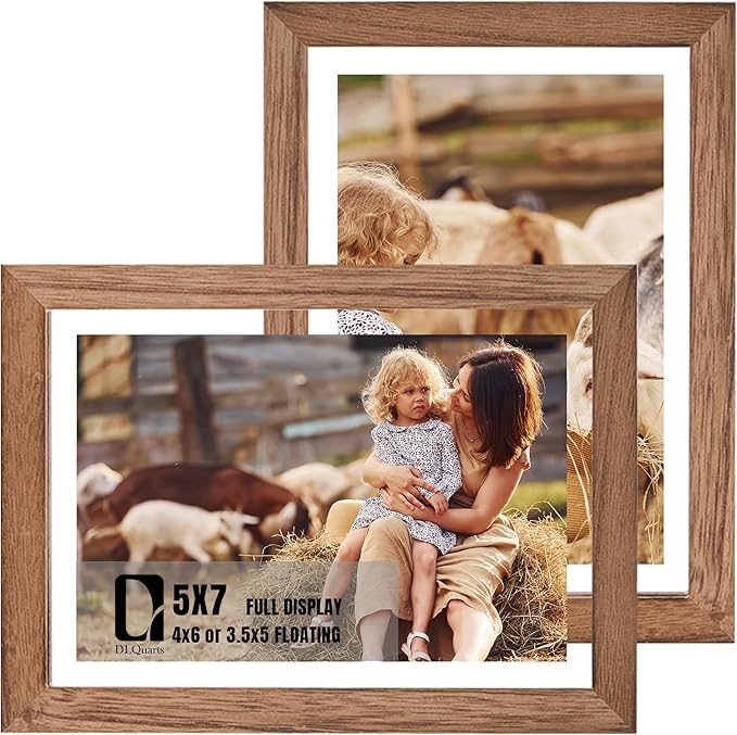 DLQuarts 5x7 Floating Picture Frames for 4x6/3.5x5 Photos, 2-Pack Solid Wood Double Polished Glass Floating Frame for Wall & Tabletop, Postcards and Any Size Photo up to 5x7 Display, Carbonized Wood