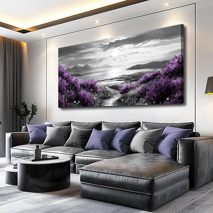 Canvas Wall Decor for Bedroom Large Wall Art for Living Room Modern Office Wall Decoration Purple Flowers Landscape Paintings Black and White Scenery Pictures Artwork Aesthetic Home Decor