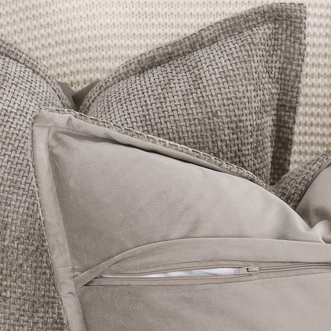 MADIZZ Chenille Velvet Throw Pillow Covers with Flange Set of 2 Super Soft Boho Textured Pillow Covers Decorative Throw Pillowcases Modern Farmhouse Home Decor for Sofa Bedroom Taupe 16x16 Inch