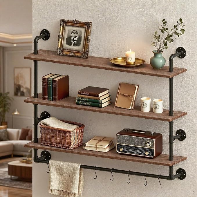ROGMARS Industrial Floating Pipe Wall Shelves with Towel Rack,30 in Industrial Pipe Shelving Rustic Wine Hanging Display Rack Storage Shelve Wall Mounted for Living Room,Bathroom,Kitchen