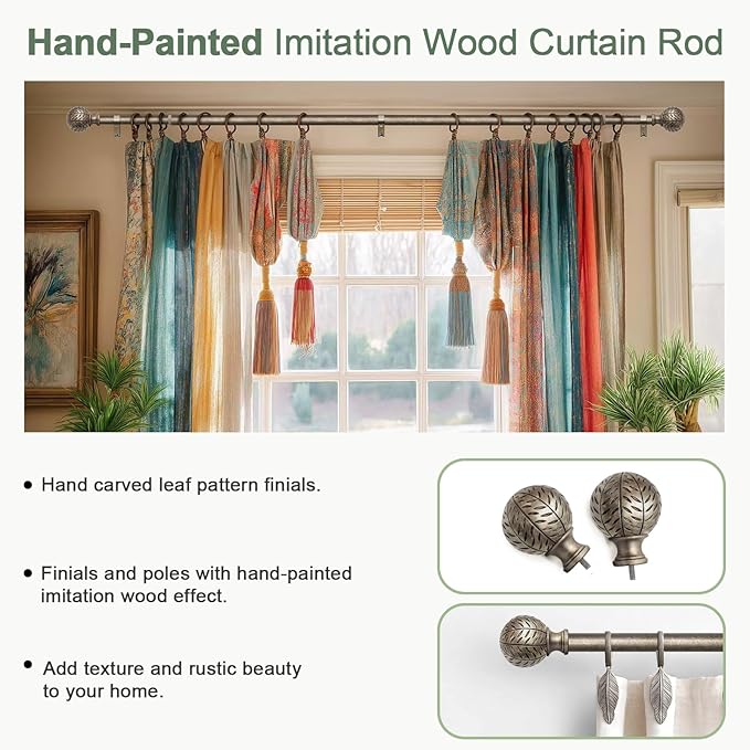 Silver Curtain Rods for Windows 66 to 120 Inch,1'' Diameter Drapery Rods with Leaf Pattern Finials,Boho Adjustable Heavy Duty Curtain Rods Set,36-120'',Retro Silver