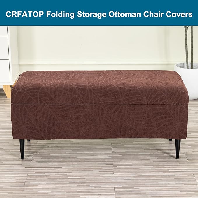 CRFATOP Waterproof Jacquard Ottoman Stool Cover Stretch Folding Storage Footstool Bench Slipcovers Upholstered Foot Chest Chair Covers Washable Entryway Furniture Protector with Elastic Bands,L,Coffee