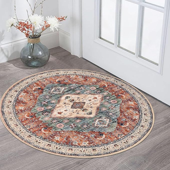 KOZYFLY Boho Round Rug 3 Ft Rugs for Entryway Washable Circle Rug Non Slip Doormat Rust/Orange/Blue Printed Faux Wool Vintage Round Entryway Rug Floor Carpet Round for Entrance, Bedroom