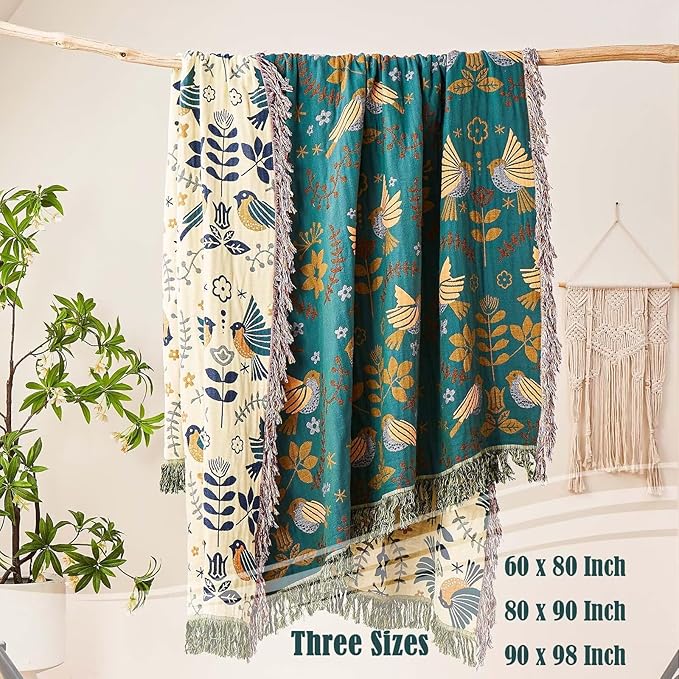 Boho Throw Blanket, 100% Cotton Ultra Soft Luxury Fall Throw Rustic Quilt, 50"x60" Floral Printed Farmhouse Decor Bed Summer Blankets, All Season Rustic Reversible Bohemian Throw for Bed
