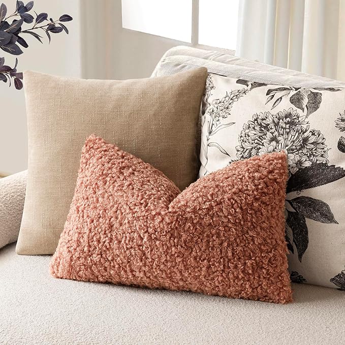 Foindtower Set of 2 Curly Teddy Wool Pillow Covers Decorative Boucle Textured Lumbar Throw Pillow Faux Fur Sherpa Pillowcases Sheepskin Fuzzy Cushion Case for Sofa Bedroom Car 12"x20" Dusty Pink
