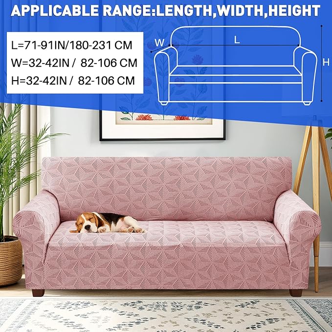 YEMYHOM 1 Piece Stretch Couch Covers for 3 Cushion Couch, Jacquard Sofa Cover with Non-Slip Elastic Bottom, Thickened Slipcover Furniture Protector for Dogs Pets (Large, Pink）