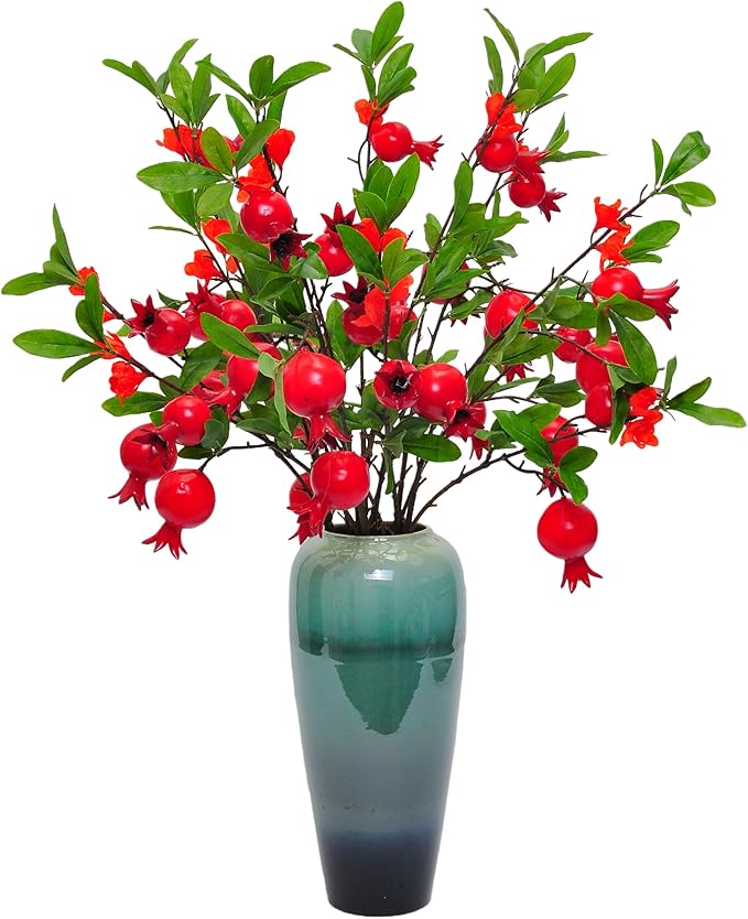 4-Piece Set of 37 Inch Artificial Pomegranate Berry Stems - Realistic Fake Red Rosehip Branches, Silk Autumn Wedding Center Decorations, Farmhouse Kitchen Home Parties