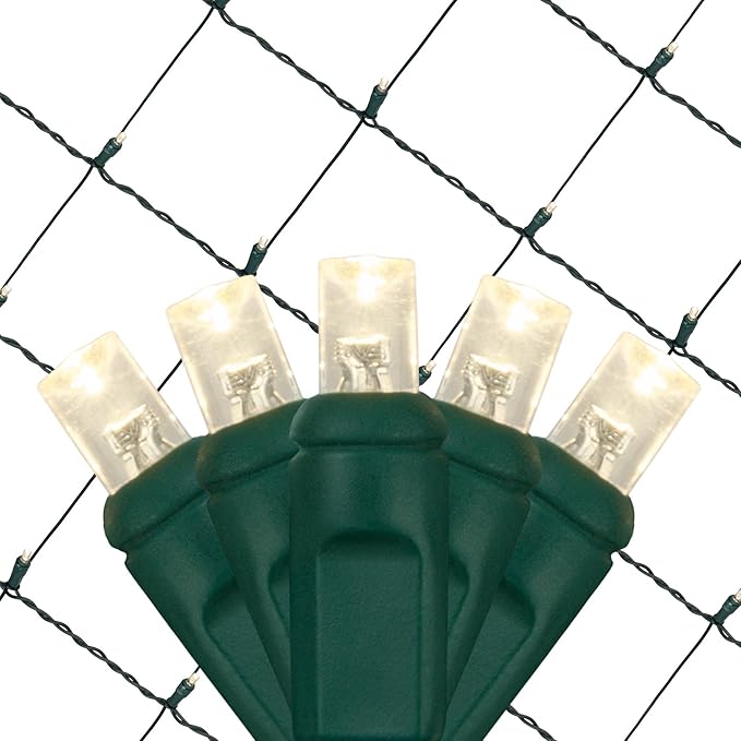 Wintergreen Lighting Set of 100 Warm White LED Net Lights - Christmas Outdoor Decorations, Green Wire (4 x 6 ft, 5mm Lights)
