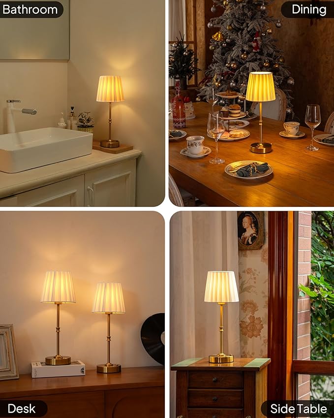 EppieBasic Cordless Table Lamp Rechargeable: Fast Charging & Long Lasting - 2700K Warm Light Vintage Gold Lamps - Dinning Living Room Bedroom - Pleated Shade