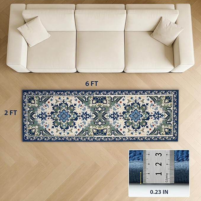 Runner Rug with Non Slip Rubber Backing, Washable Soft Floor Carpet for Kitchen, Hallway, Entryway Indoor, Bedroom, Laundry, Low Pile Area Rugs, Geometric Floral, Blue Pattern, 2' * 6'