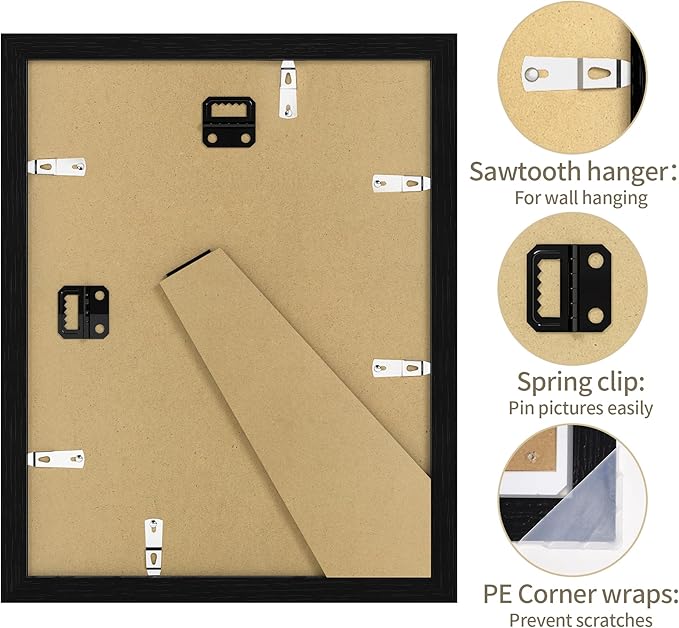 8.5x11 Picture Frame - 8.5 x 11 Photo Frame Made of Solid Oak Wood and Real Glass,Display Picture 2 Opening 5x7 with Mat or 8.5x11 Without Mat for Wall & Tabletop(Color Black)