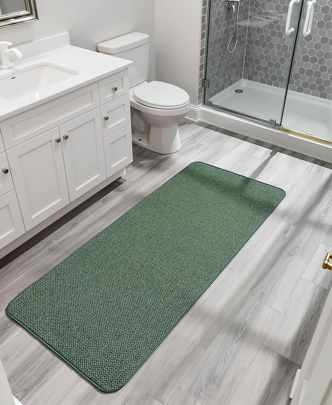 Bath Mat,Ultra Thin Bathroom Runner Rugs,Large Bath Mats for Bathroom,Quick Dry,Non-Slip,Machine Washable,Low Pile,Bath Rug,Shower Outside,Sink,Home Decor Accessories.Green,1'9"x3'11"（21x47inch）