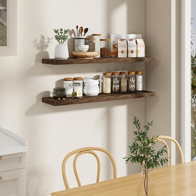 Fun Memories 48 Inch Floating Shelves, 9.3 Inch Deep Wall Shelves for Bathroom, Living Room, Bedroom, Kitchen, Deep Long Shelf Wall Mounted 1 Pack Shelf for Books, Decor, Rustic Brown